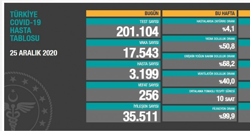 25 Aralık koronavirüs tablosu