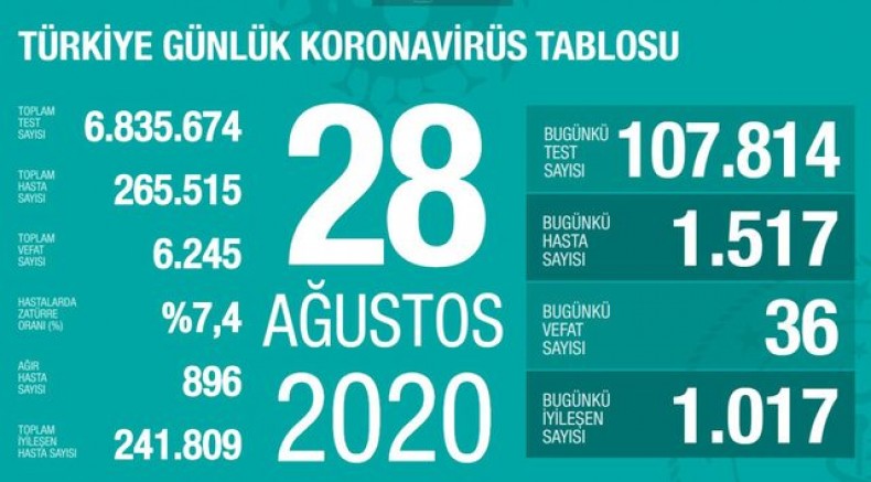 Açıklanan günlük yeni vaka sayısı 1517 can kaybı 36