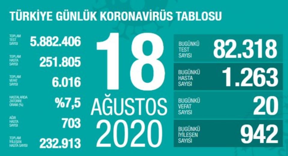 Artış devam ediyor: Türkiye'de koronavirüs nedeniyle son 24 saatte 20 kişi hayatını kaybetti