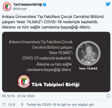 Bir sağlık çalışanı daha yaşamını yitirdi