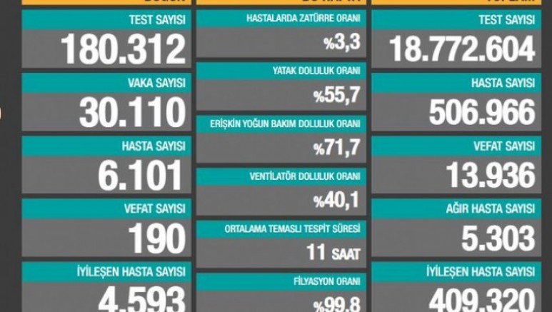 Türkiye'de Koronadan 190 ölüm, 30 bin 110 yeni vaka tespiti