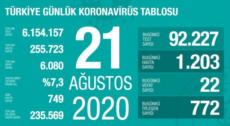 Türkiye'de son 24 saatte 22 kişi daha koronavirüs nedeniyle hayatını kaybetti ve toplam can kaybı 6 bin 80'e yükseldi.