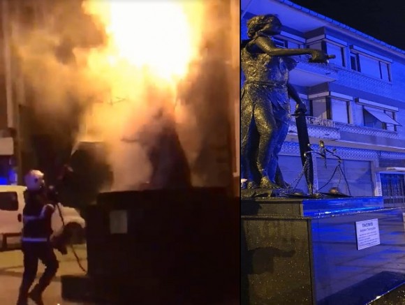 Uzunköprü'deki Adalet Anıtı kimliği belirsiz kişilerce yakıldı